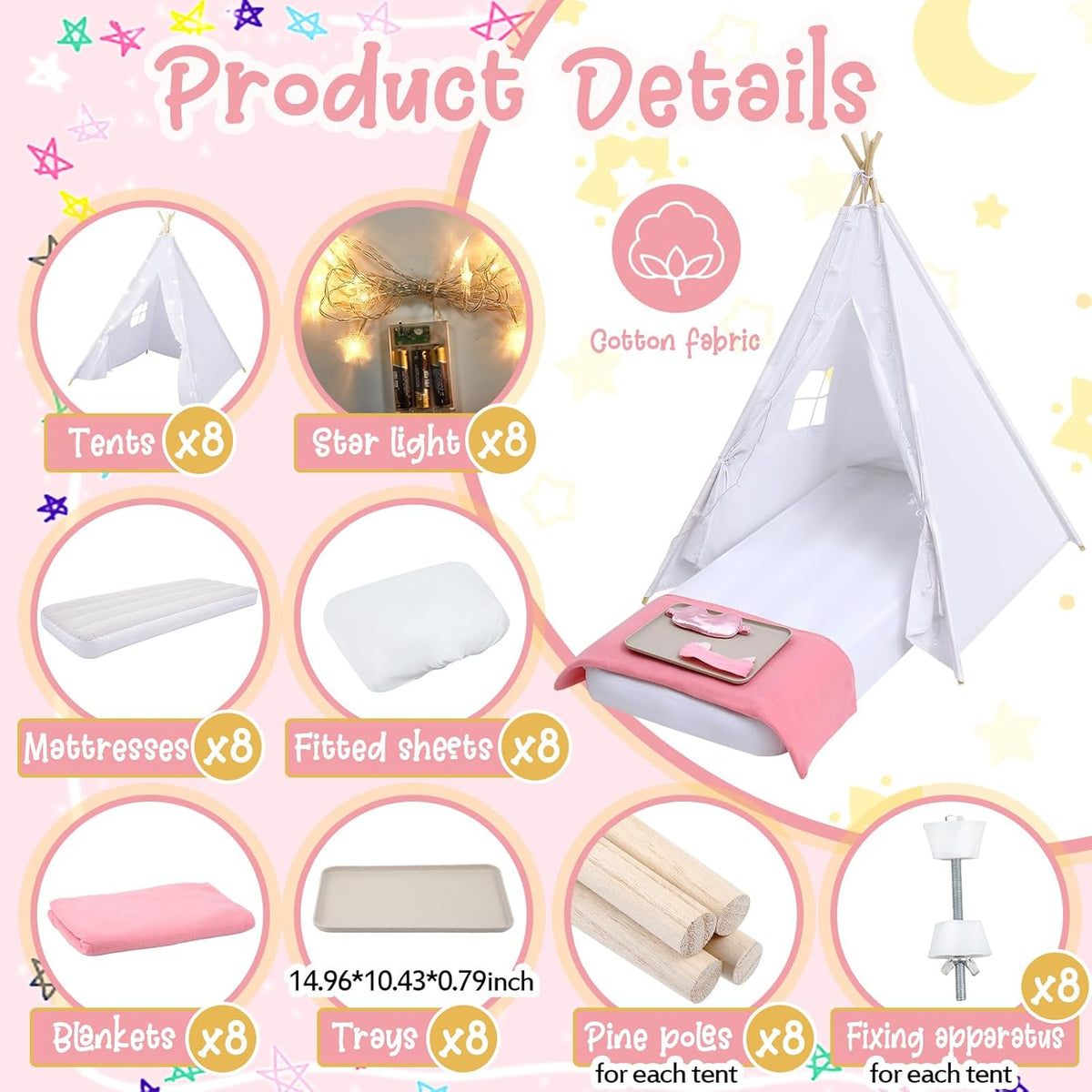 8-Pack Kids Teepee Sleepover Tent Set, White