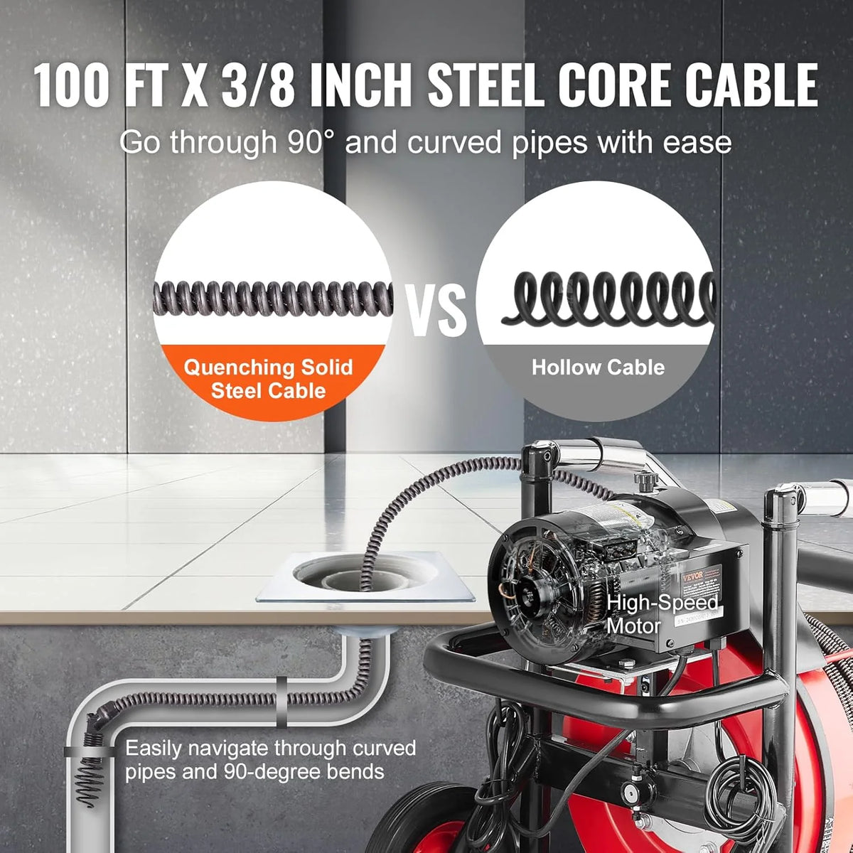 VEVOR Drain Cleaner Machine 100FT x 1/2 Inch, 550W, 8 Cutters, Red + Black