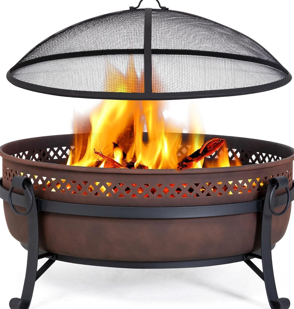 SUNCREAT 42” Patio Fire Pit Wood Burning with Mesh Spark Screen, Bonfire Outdoor firepit with Fireplace Poker, Black