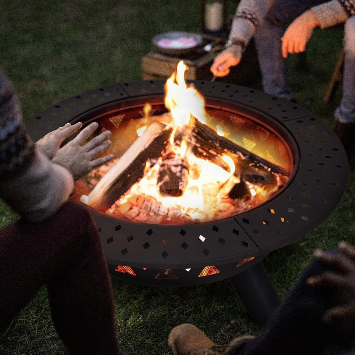 SUNCREAT 42” Patio Fire Pit Wood Burning with Mesh Spark Screen, Bonfire Outdoor firepit with Fireplace Poker, Black