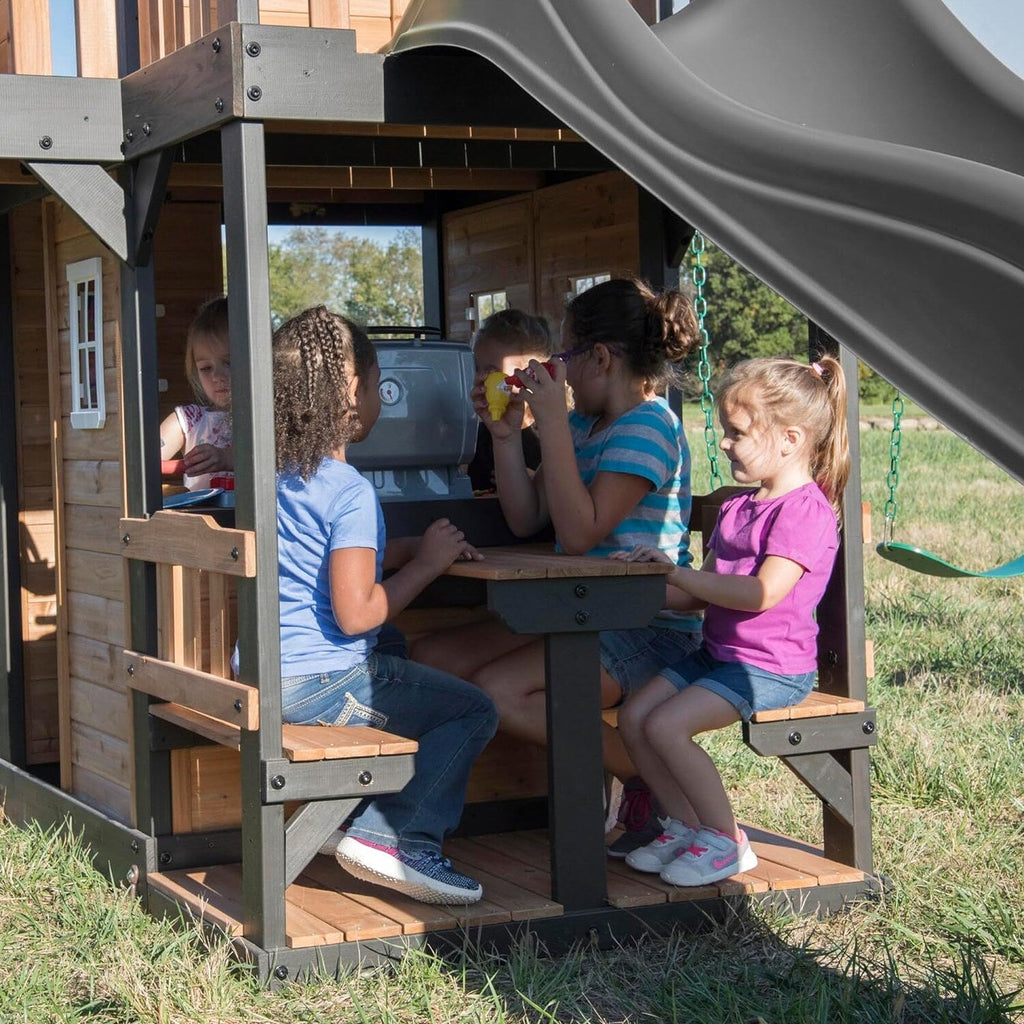 Backyard Discovery Canyon Creek Cedar Wood Swing Set with Wave Slide, Clubhouse, Play Kitchen, Picnic Area, Belt Swings, Web Swing, Rock Wall, Balconies, Playhouse, Step Ladder, Outdoor Playset