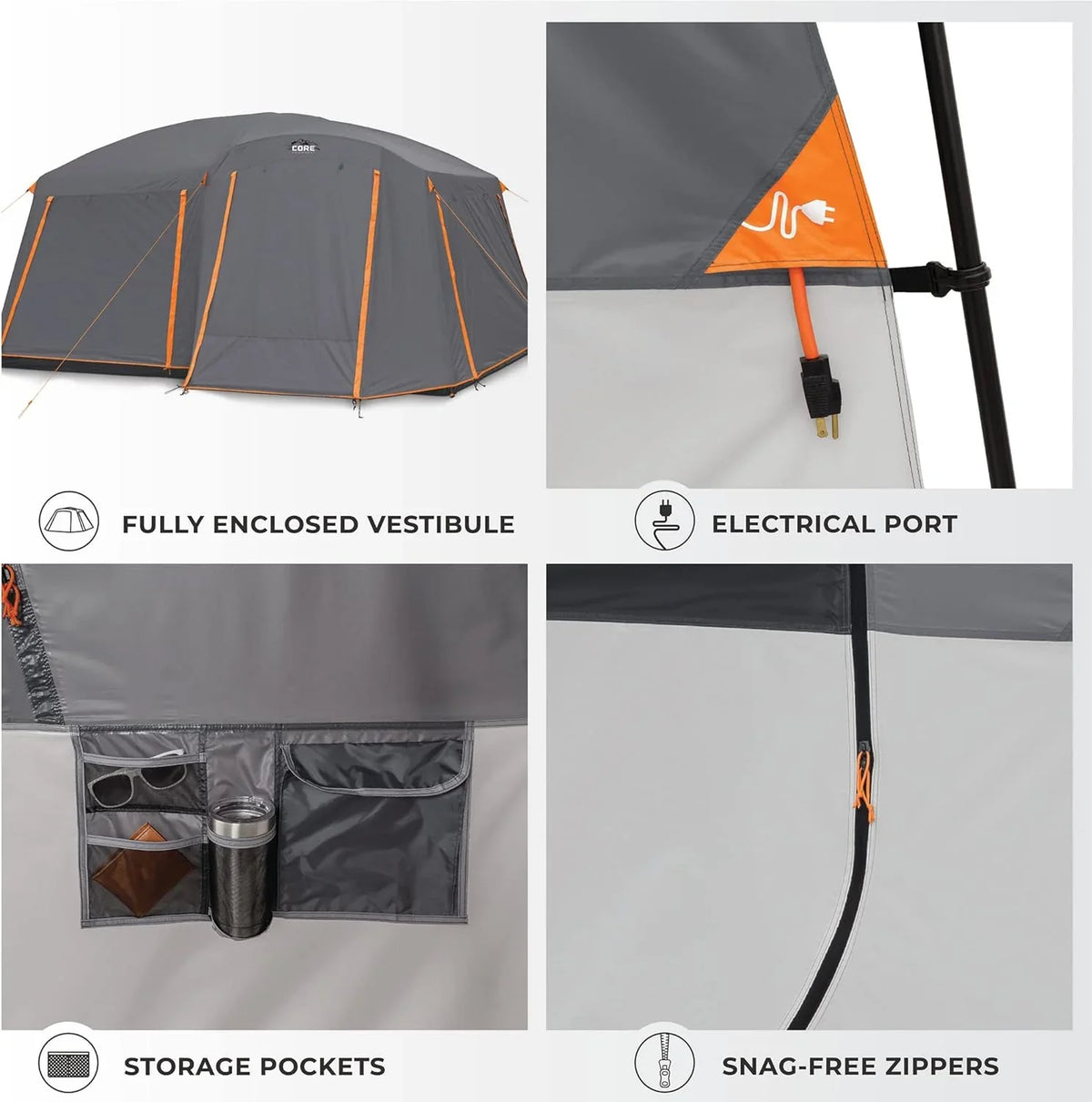 CORE 12 Person Straight Wall Cabin Tent, 16 x 11 Feet, Orange - SUVELAM