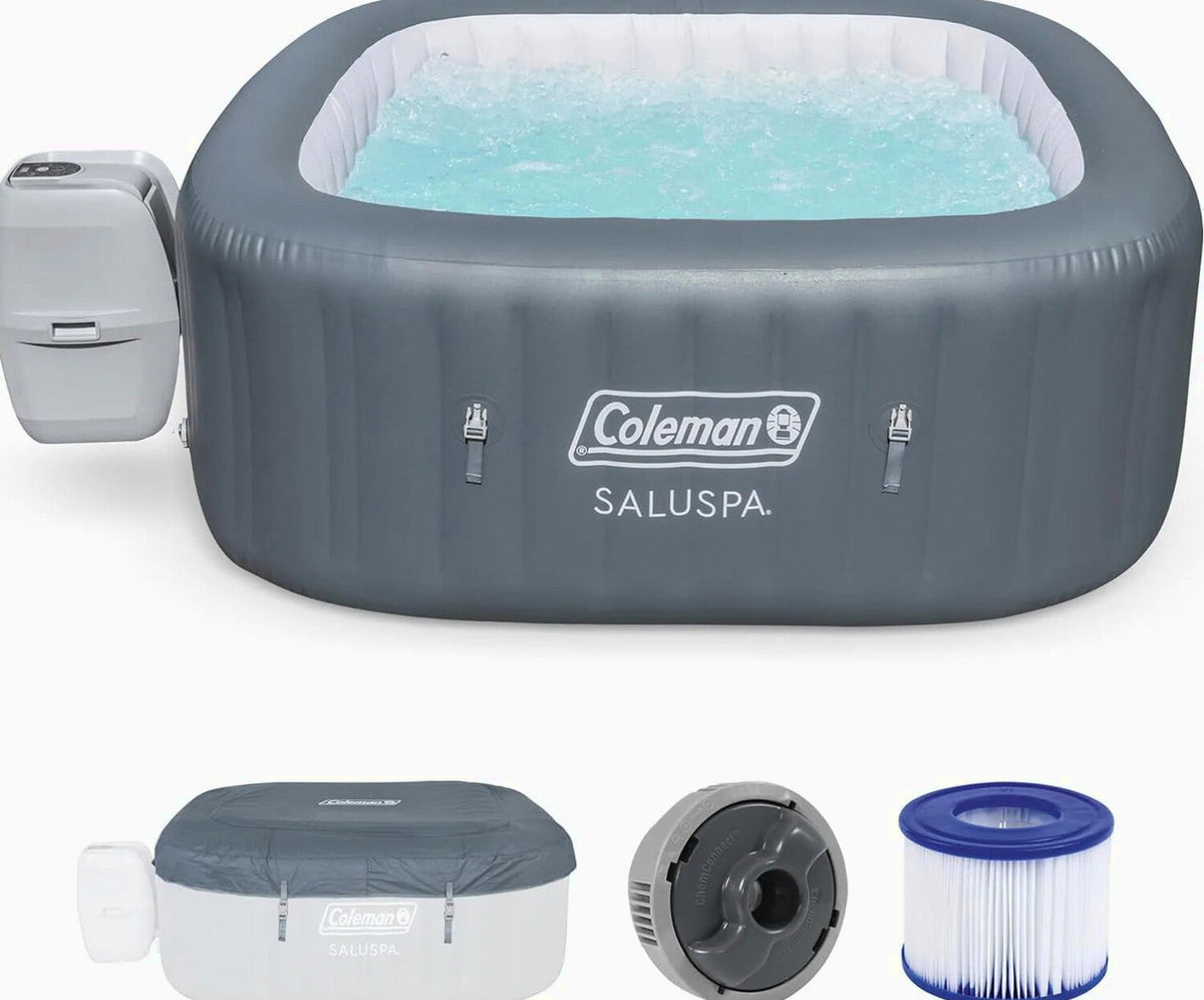 4 to 6 Person Inflatable Hot Tub Square Portable Outdoor Spa with 114 Soothing AirJets and Insulated Cover, Gray-Coleman