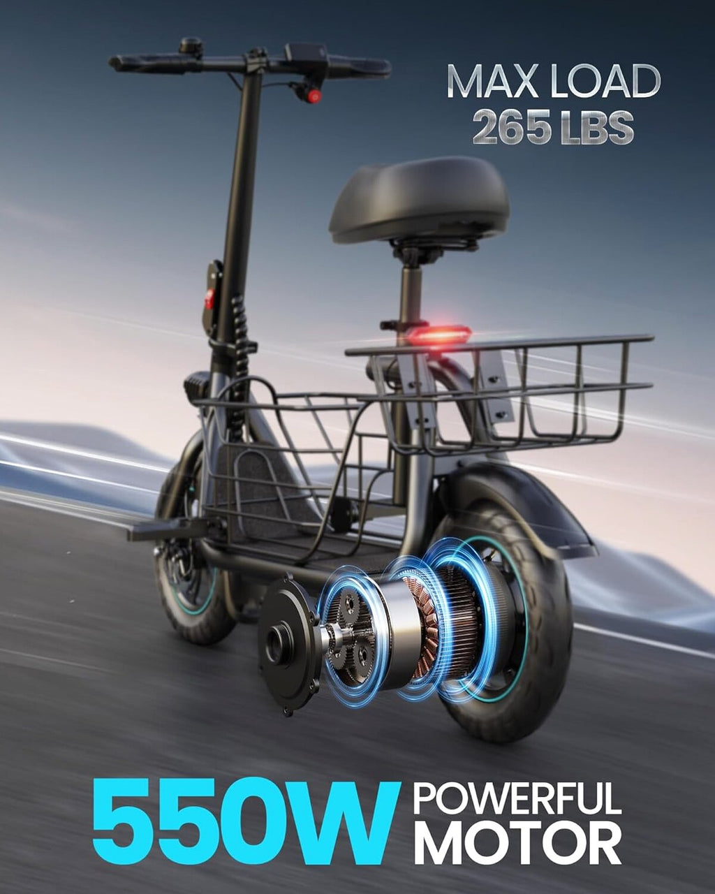 Gyroor Electric Scooter with Basket &amp; Seat, 550W, 20 Mile Range