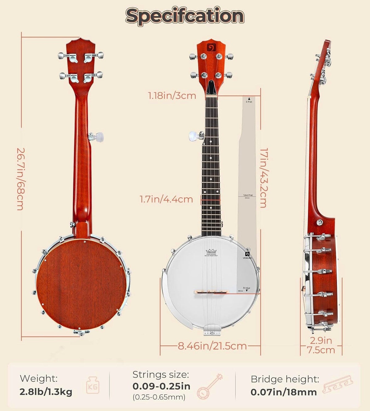 String Banjo 26 Inch MINI Travel Banjo Banjo Beginner Kit with Remo Head Open Back &amp; Closed Solid Back with beginner Kit Comfortable Carrying Bag