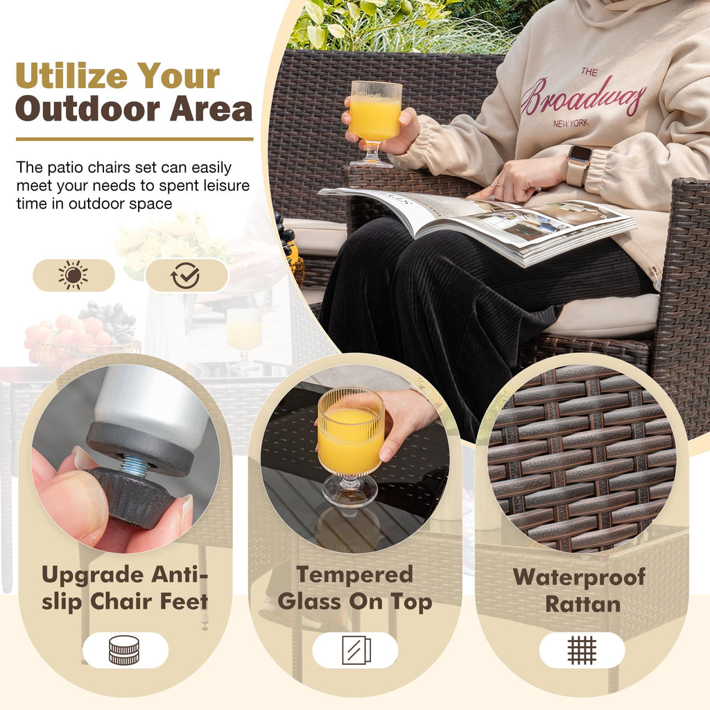 4-Piece Outdoor Patio Furniture Set With Rattan Wicker Chairs, Loveseat And Glass-Top Table