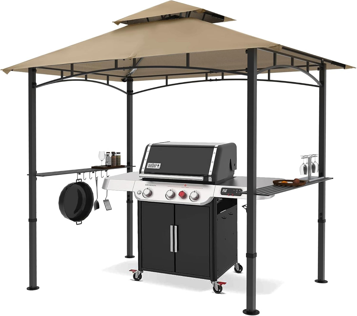 Outdoor Barbecue Shelter Canopy With LED Lights, 8 Feet By 5 Feet, Gray
