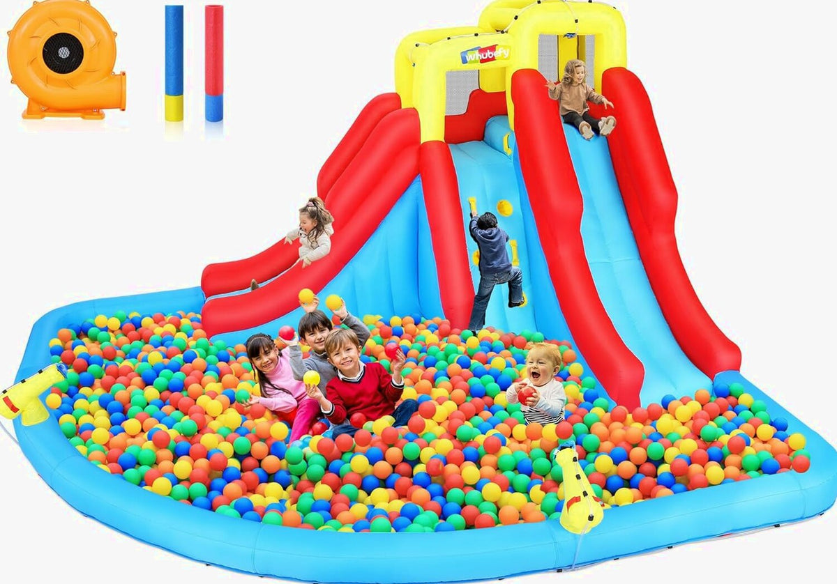 Inflatable Water Slides for Kids 8-in-1 Bounce House Water Park with 450W Blower Climbing Wall, Splash Pool, 2 Water Cannons, Basketball Hoop, Water Slide, Crocodile Sprinkler for Gift Backyard Party