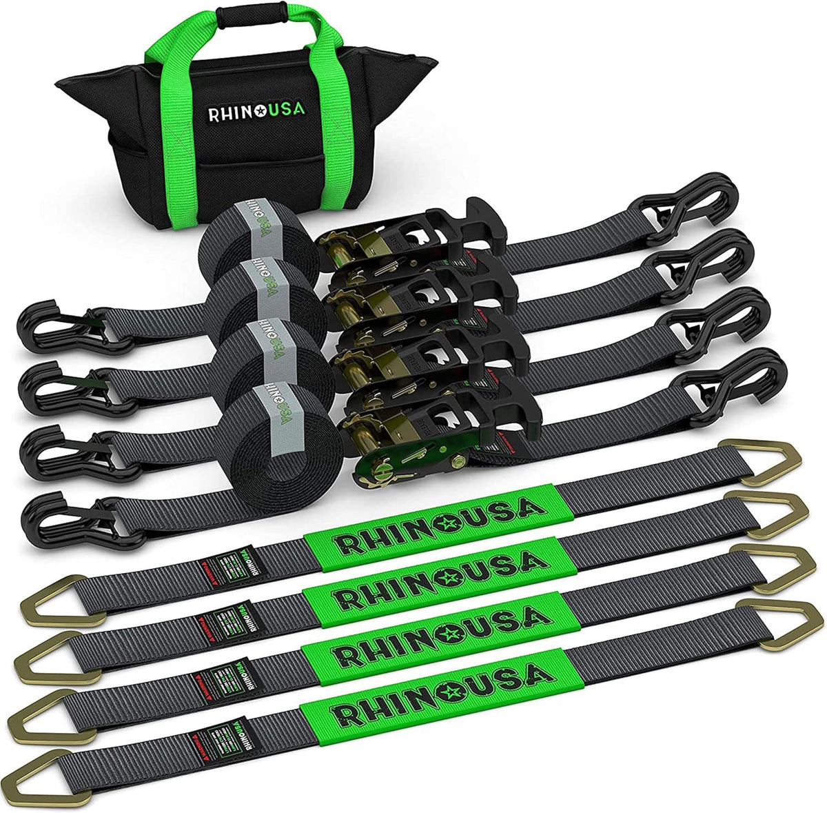 Rhino USA Car Tie-Down Straps With J Hooks, 4-Pack, 2 Inch x 8 Feet, Black - HDKIT-P 2IN-HDKIT