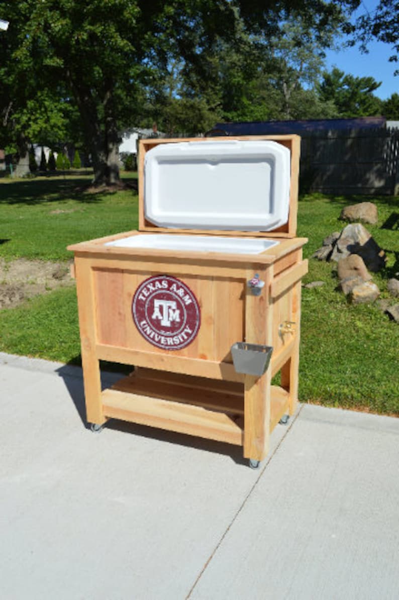 Inked Woodworking 48 Quart Antiqued Cedar Cooler Stand With Brass Drain, Bottle Opener And Cap Catcher