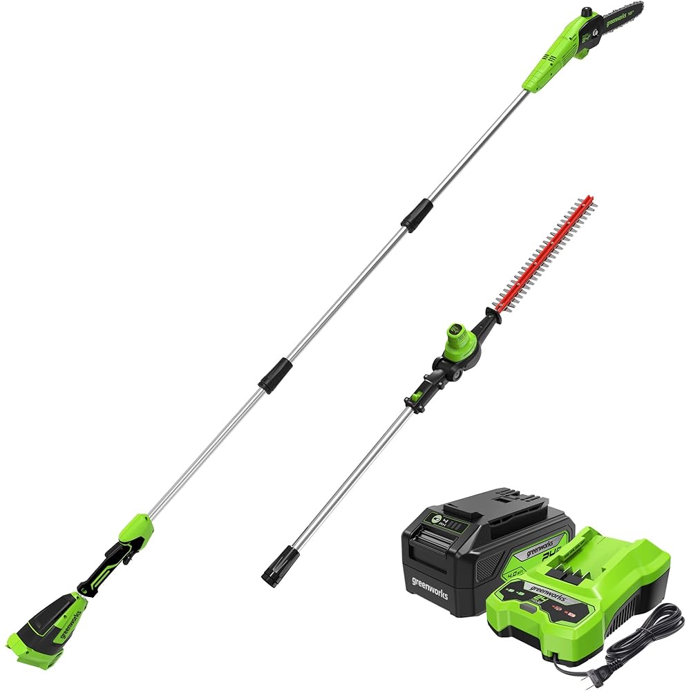 Greenworks 24V Brushless Cordless Polesaw And Pole Hedge Trimmer Combo Kit - 10in Bar, 20in Blade, 4.0Ah Battery And Charger