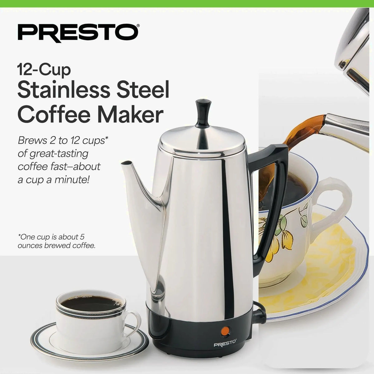 Presto Stainless Steel Coffee Maker, 12 Cup Robust Percolator Coffee, Silver - 2.79