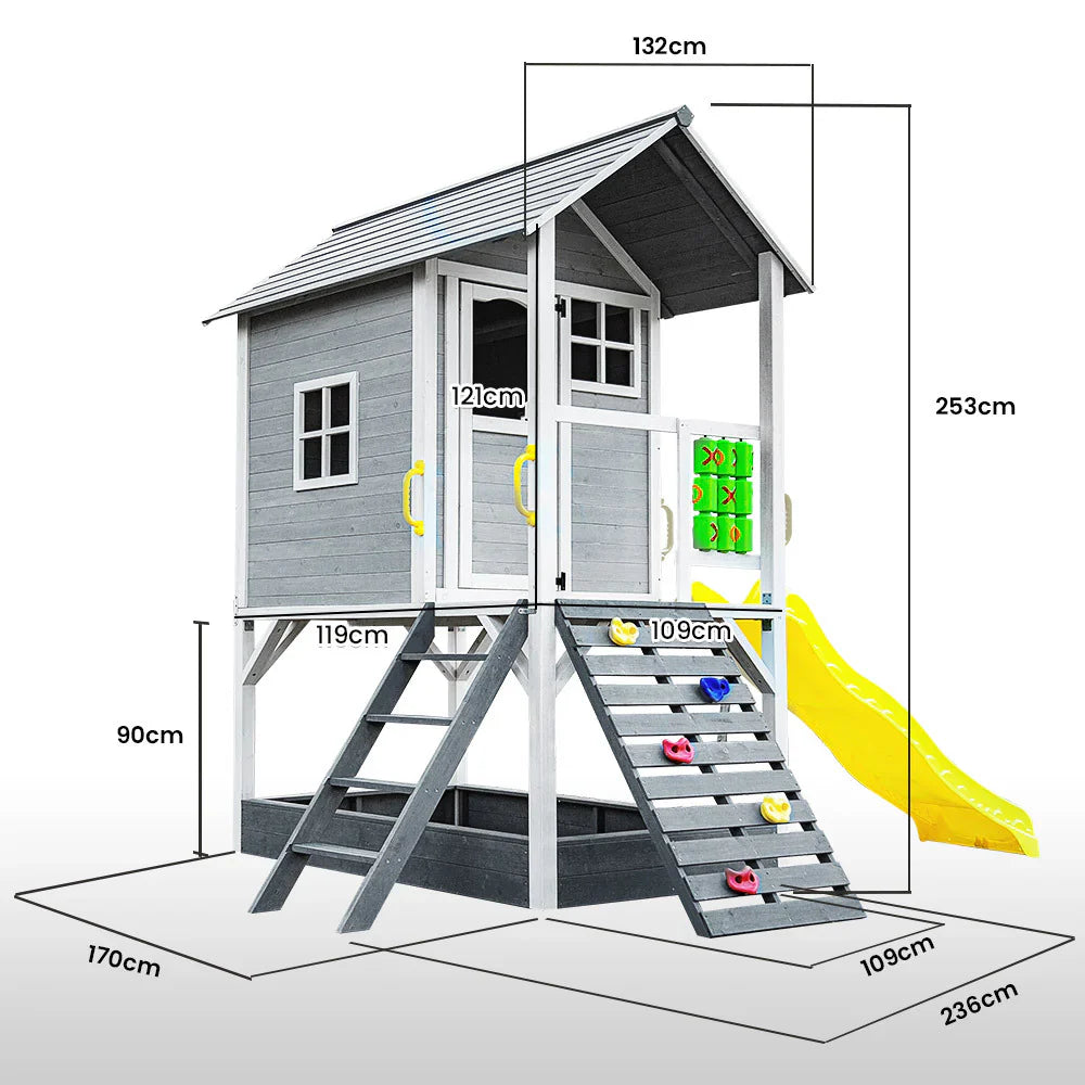 Rovo Kids Wooden Tower Cubby House, Grey, 236 x 176 x 248cm, With Slide, Sandpit And Climbing Wall - PLYCBHRV4GYA