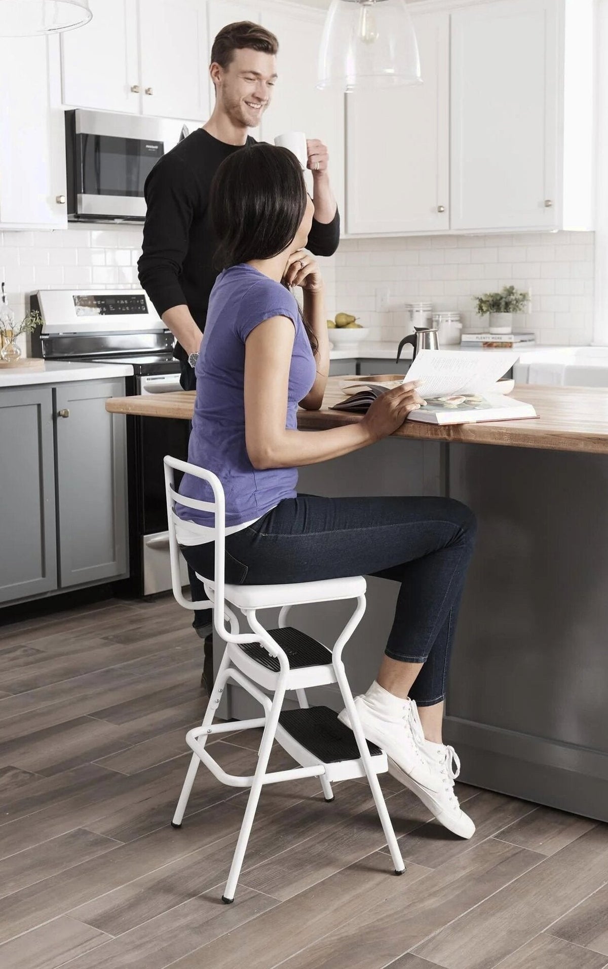 COSCO Stylaire Retro Chair + Step Stool with flip-up seat (white, one pack)