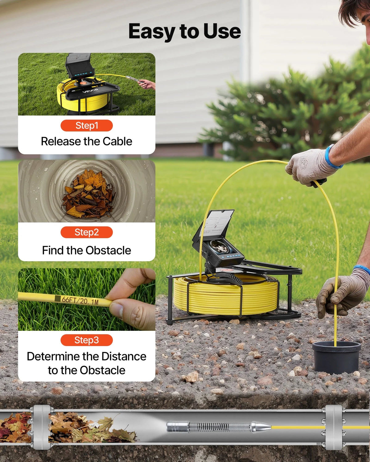 VEVOR Sewer Camera, 98 ft / 30 m, 4.3 inch Display, 16 GB Card - WP9602B