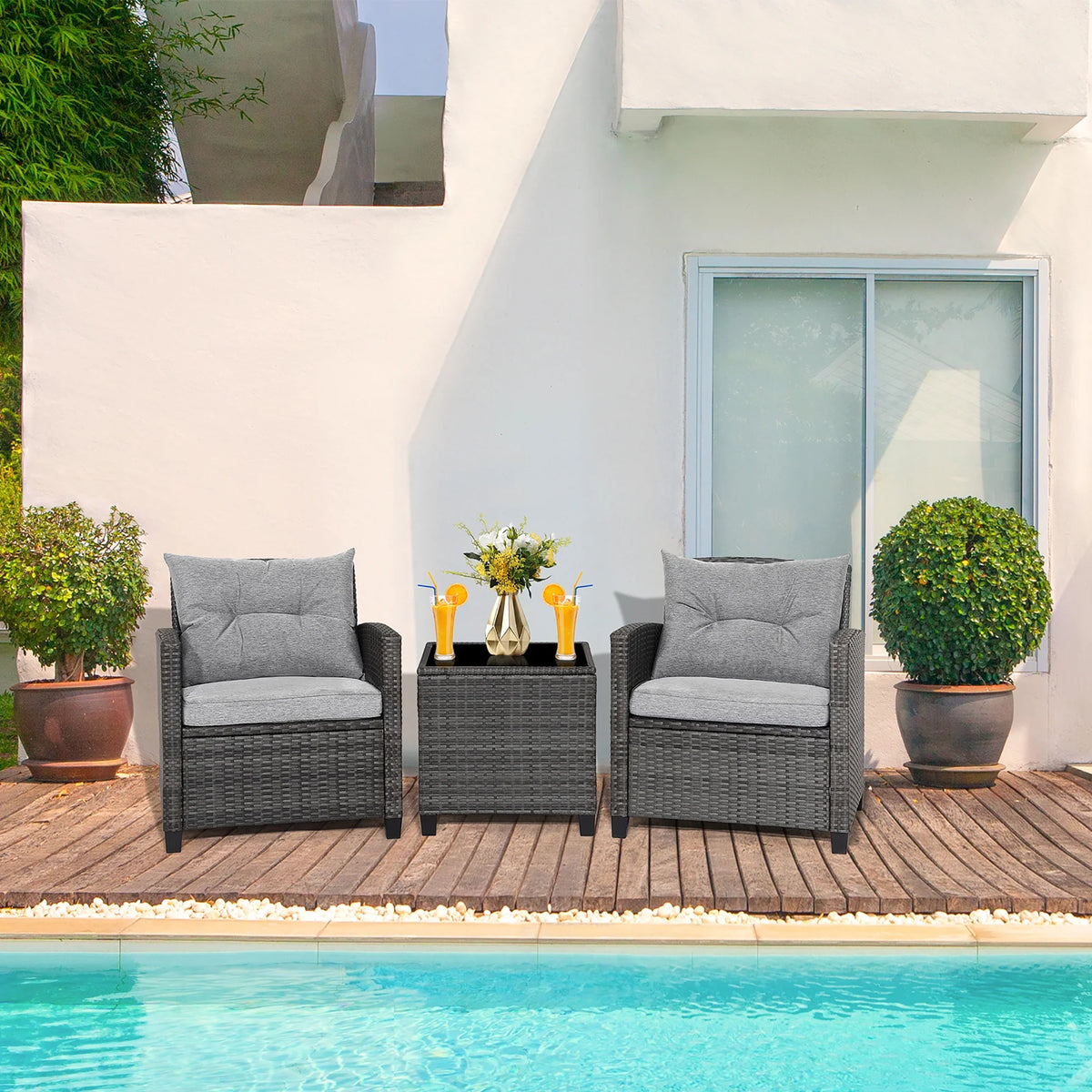Gymax 3-Piece Patio Rattan Conversation Set With Glass Tabletop And Grey Cushions