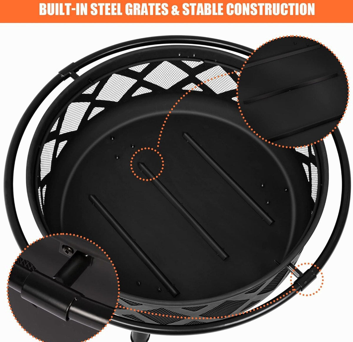 SUNCREAT 42” Patio Fire Pit Wood Burning with Mesh Spark Screen, Bonfire Outdoor firepit with Fireplace Poker, Black