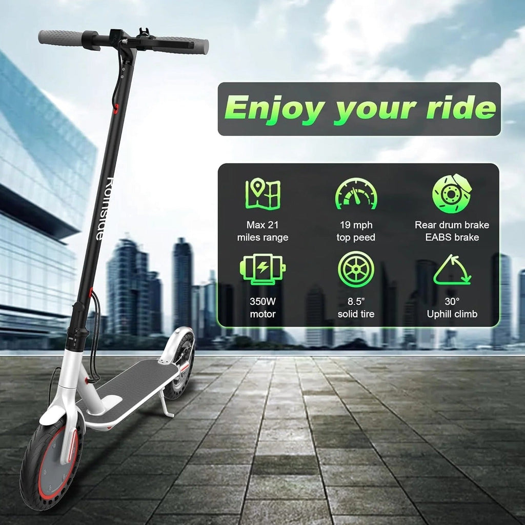Electric Scooter - 8.5" Solid Tires, 350W Motor, Up to 19 MPH and 21-23 Miles Long-Range Portable Foldable Commuting Scooter for Adults with Double Braking System and App