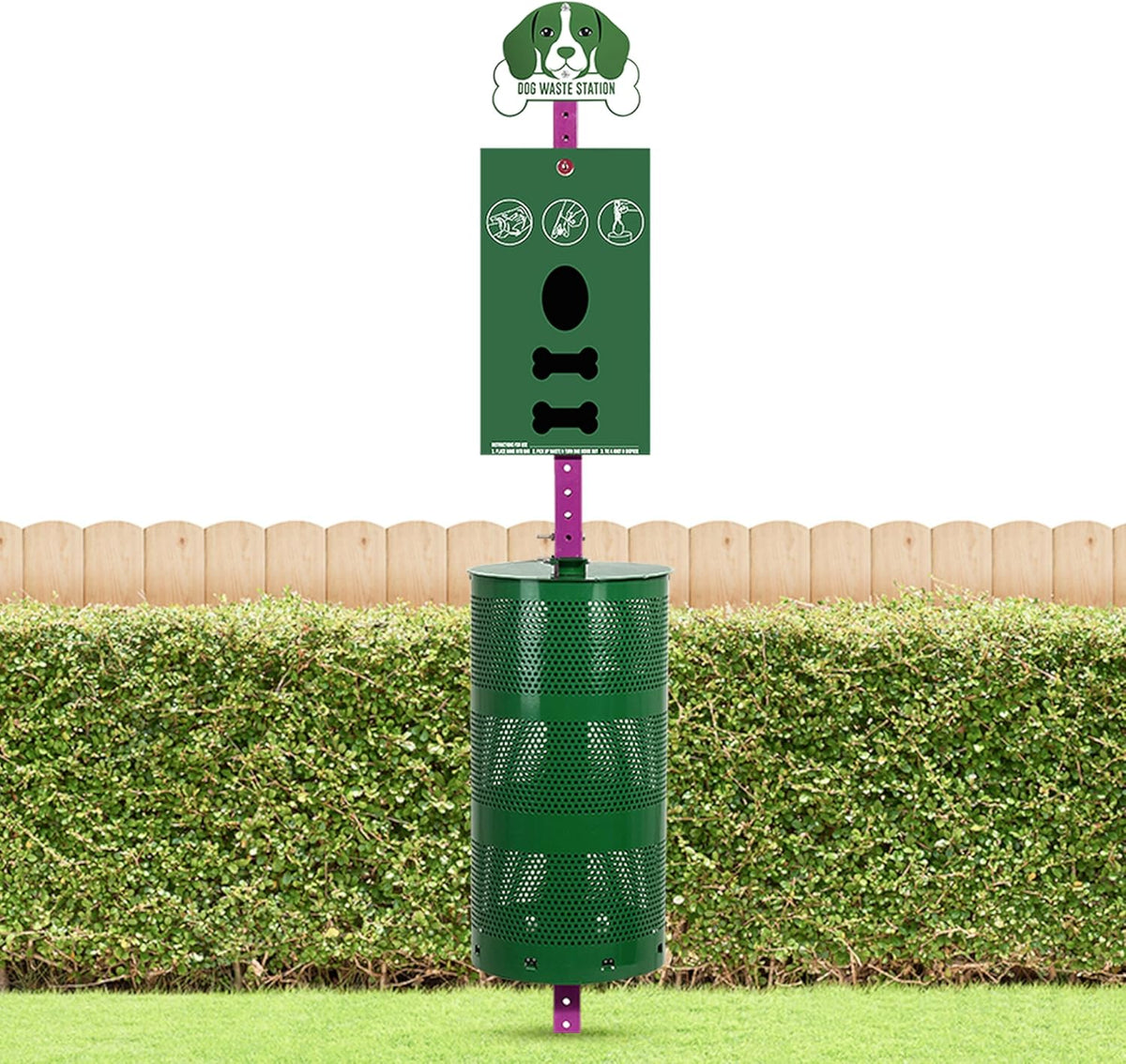 Outdoor Dog Waste Collection Station, 10 Gallon, 400 Rolls, 200 Ziplock Bags, 50 Reusable Bags - Green With Purple Rod