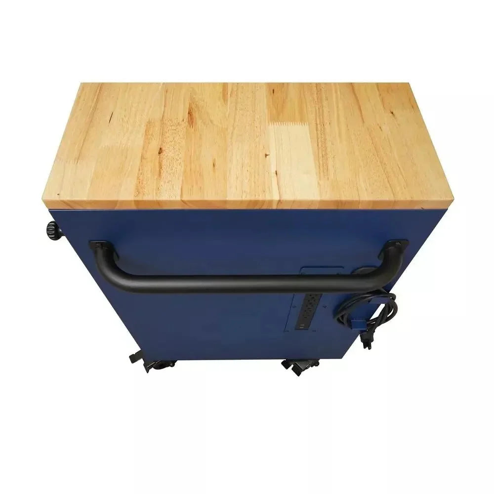 Heavy-Duty 52 in. 9-Drawer Mobile Workbench With Adjustable-Height Solid Wood Top - Matte Blue