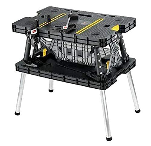 Keter ?C 197283 Folding Table Work Bench for Miter Saw Stand Woodworking Tools and Accessories with Included 12 Inch Wood Clamps ?C Easy Garage Storage Black/Yellow