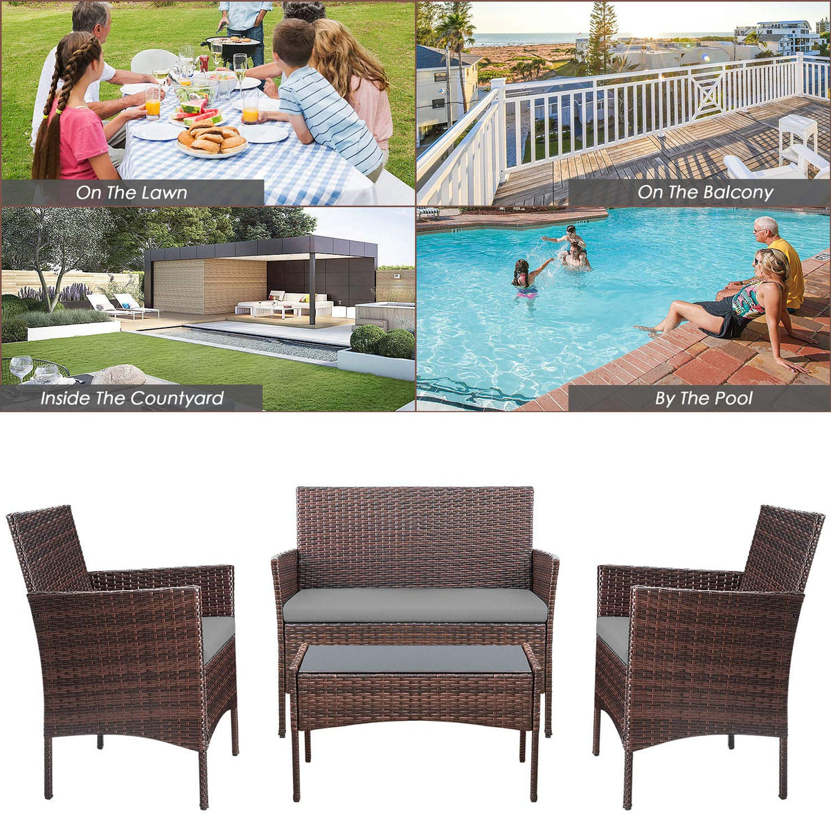 4-Piece Outdoor Patio Furniture Set With Rattan Wicker Chairs, Loveseat And Glass-Top Table