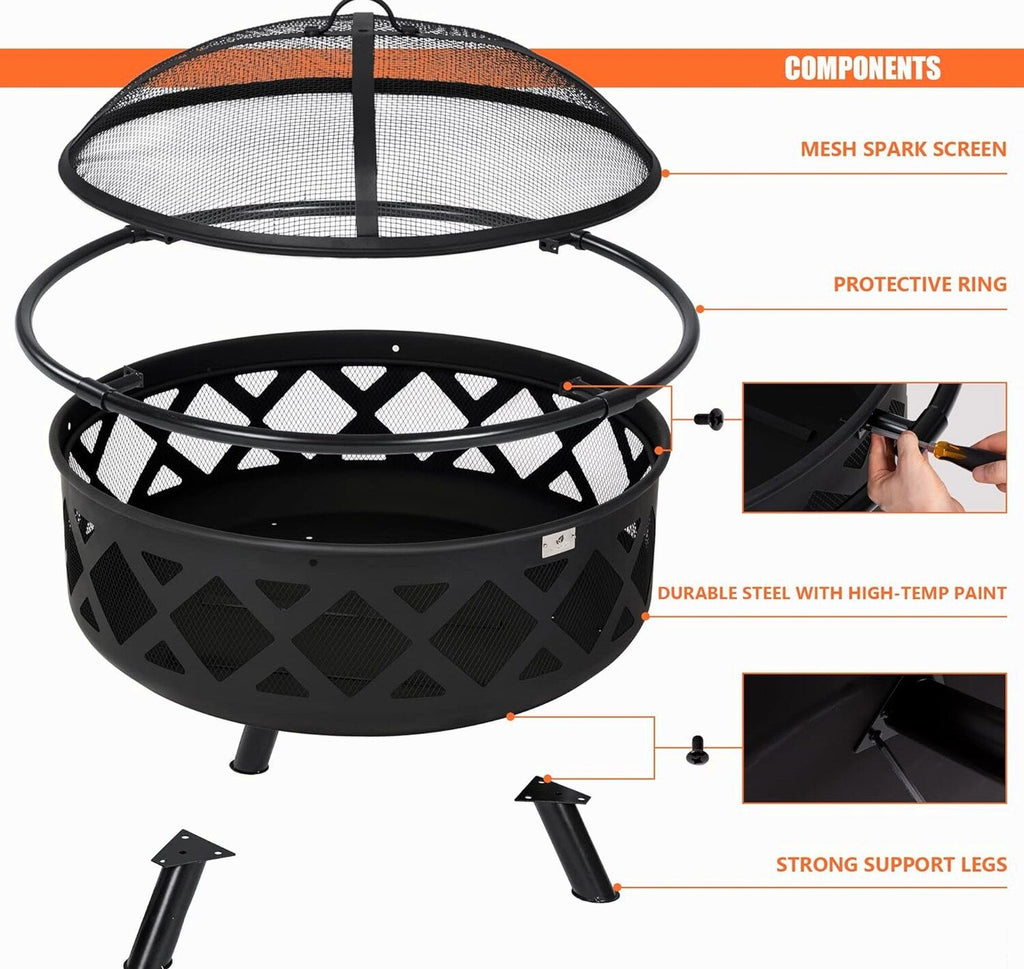 SUNCREAT 42” Patio Fire Pit Wood Burning with Mesh Spark Screen, Bonfire Outdoor firepit with Fireplace Poker, Black