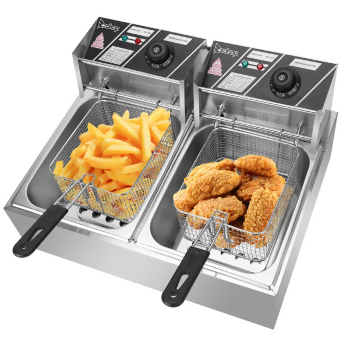 YAPENG Electric Deep Fryer, 12L x 2, 2500W x 2, Stainless Steel, Silver