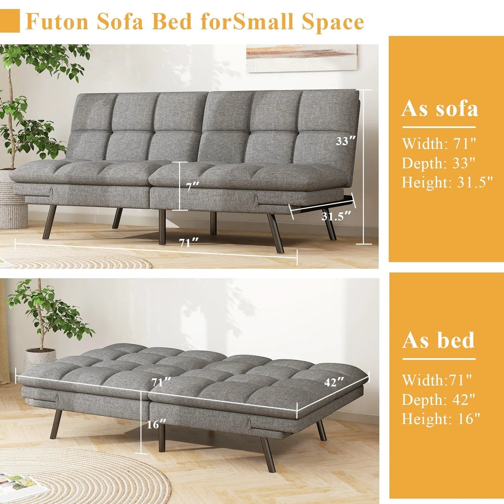 Convertible Futon Sofa Bed With Memory Foam, 71in