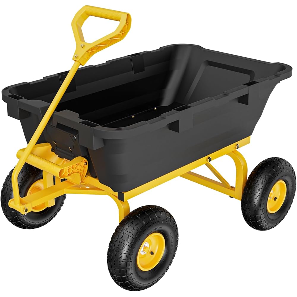 VINGLI Heavy Duty Dump Cart Wagon, 770 lbs, 10in Pneumatic Tires - Black And Yellow