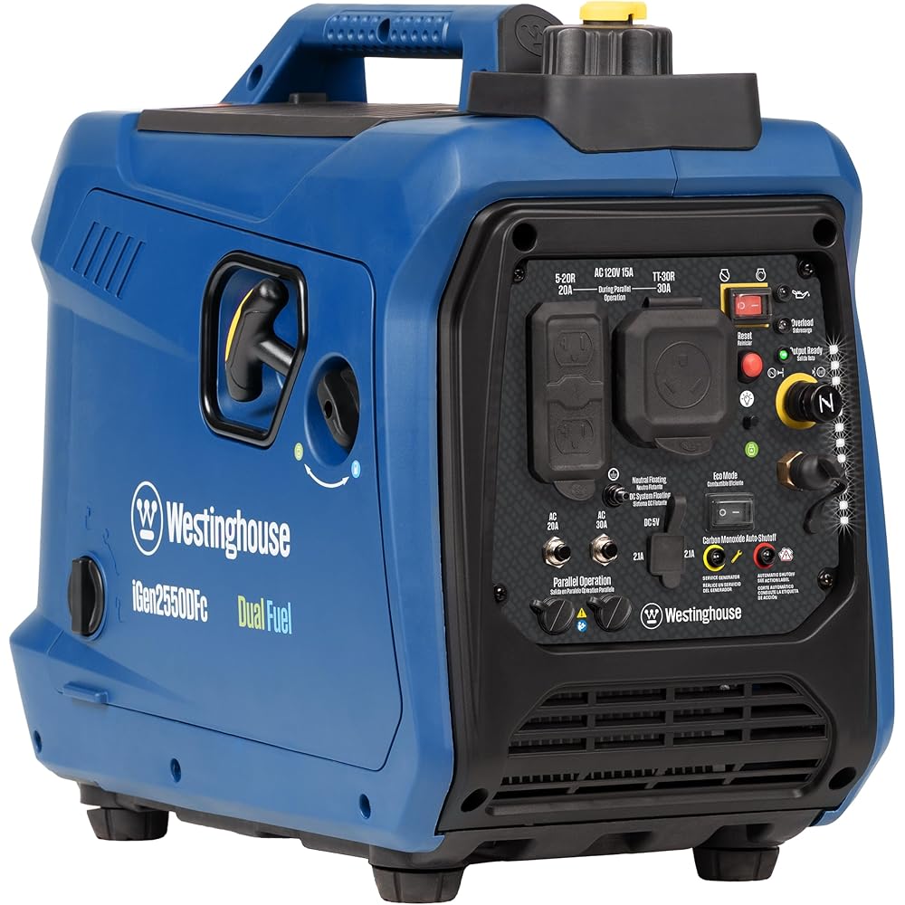 Westinghouse Dual Fuel Portable Inverter Generator, 2550 Peak Watt, 1900 Rated Watt, 30A RV Outlet - iGen2550DFc