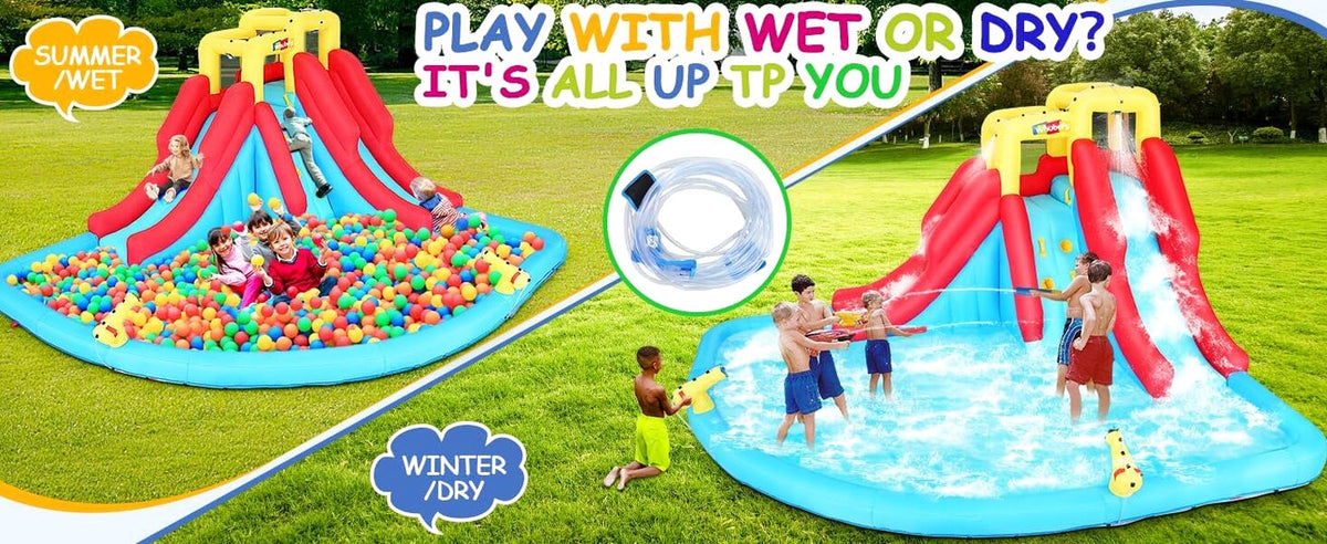 Inflatable Water Slides for Kids 8-in-1 Bounce House Water Park with 450W Blower Climbing Wall, Splash Pool, 2 Water Cannons, Basketball Hoop, Water Slide, Crocodile Sprinkler for Gift Backyard Party