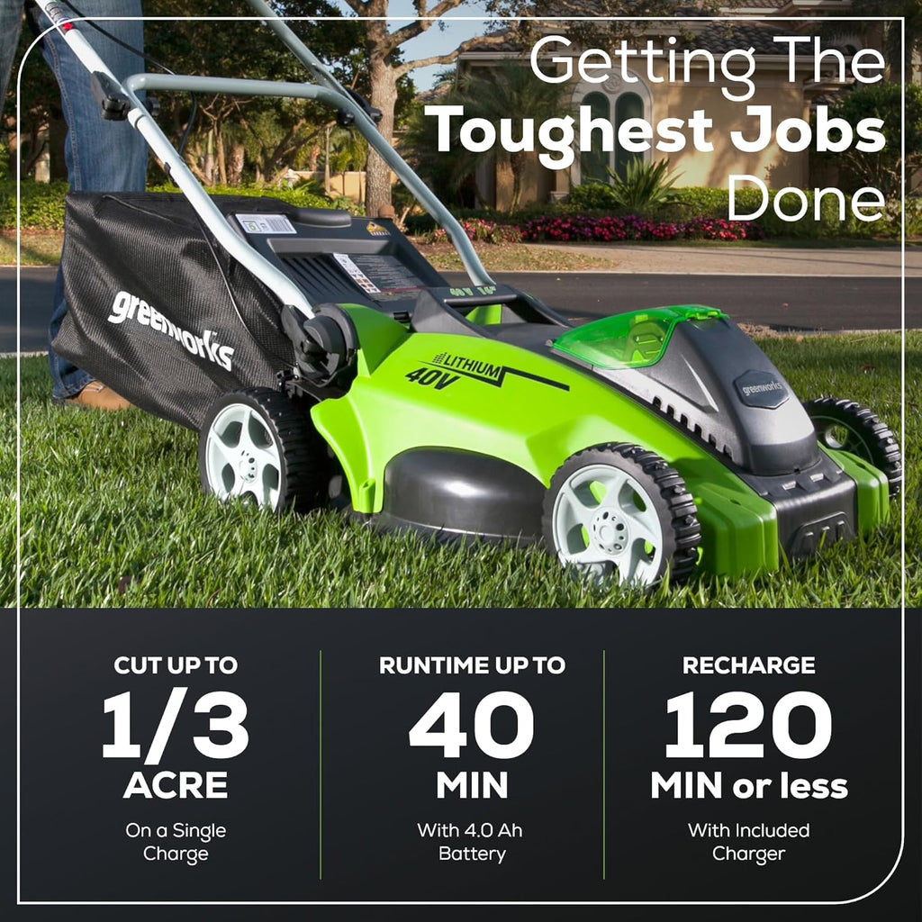 Greenworks Cordless Lawn Mower 40V 16in 4.0Ah Battery And Charger - 45Min Runtime