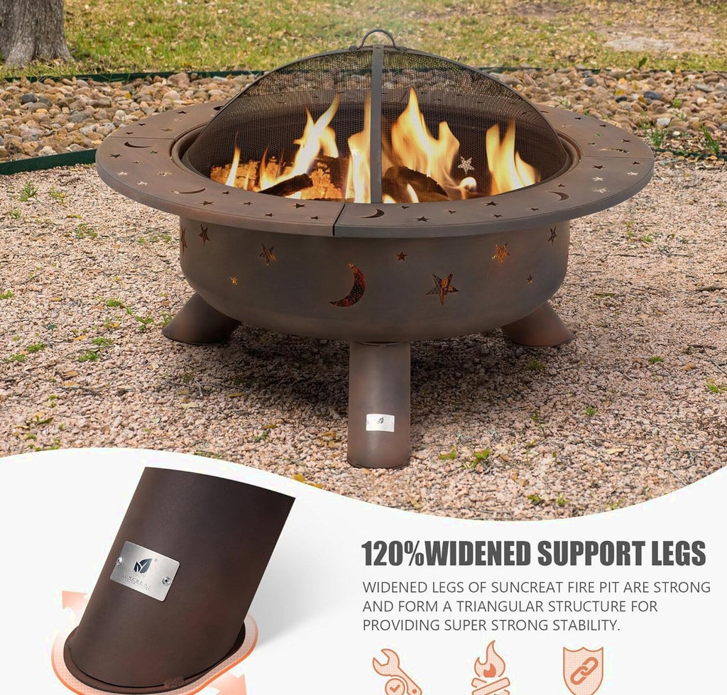 SUNCREAT 42” Patio Fire Pit Wood Burning with Mesh Spark Screen, Bonfire Outdoor firepit with Fireplace Poker, Black