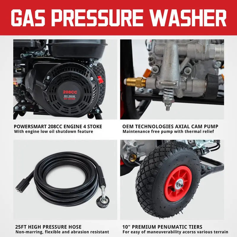 PowerSmart Gas Pressure Washer, 3200 PSI, 2.5 GPM, 5 Nozzles, 0.7 Gallon Gas Tank, 0.8 Gallon Soap Tank