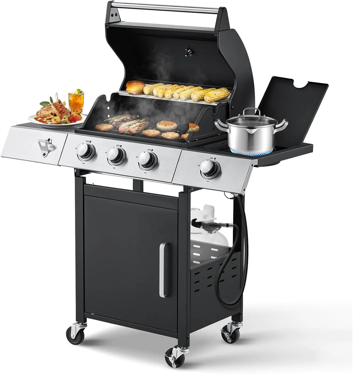 4-Burner Propane Gas Grill With Cast Iron Grates, Side Stove And 44,000 BTU Stainless Steel Burners