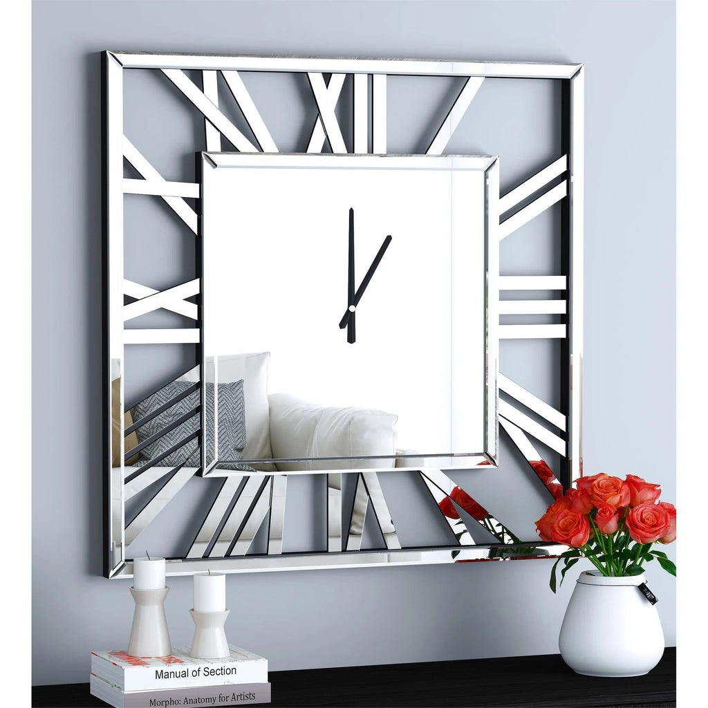 Large Modern Mirrored Wall Clock With Roman Numerals - 32 Inch