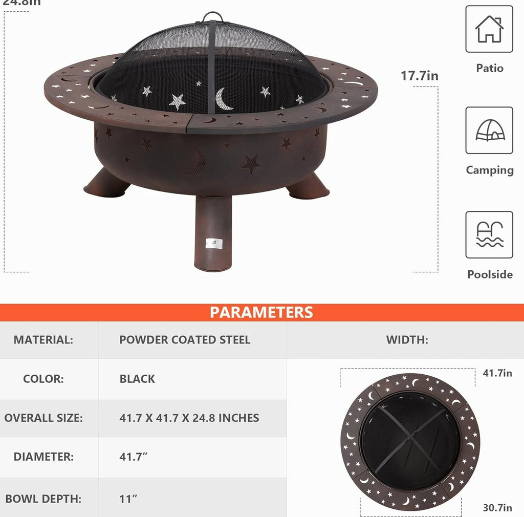 SUNCREAT 42” Patio Fire Pit Wood Burning with Mesh Spark Screen, Bonfire Outdoor firepit with Fireplace Poker, Black