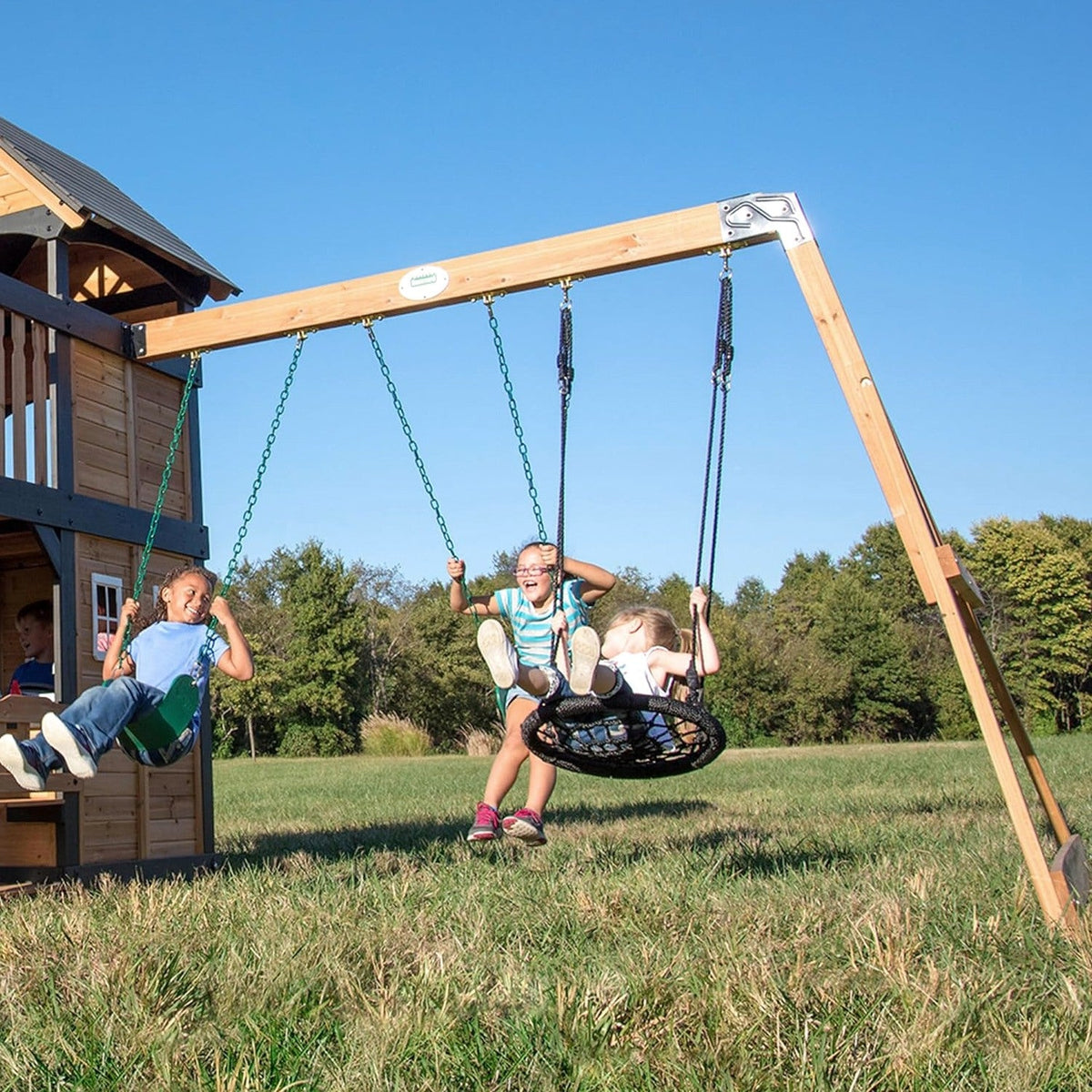 Backyard Discovery Canyon Creek Cedar Wood Swing Set with Wave Slide, Clubhouse, Play Kitchen, Picnic Area, Belt Swings, Web Swing, Rock Wall, Balconies, Playhouse, Step Ladder, Outdoor Playset