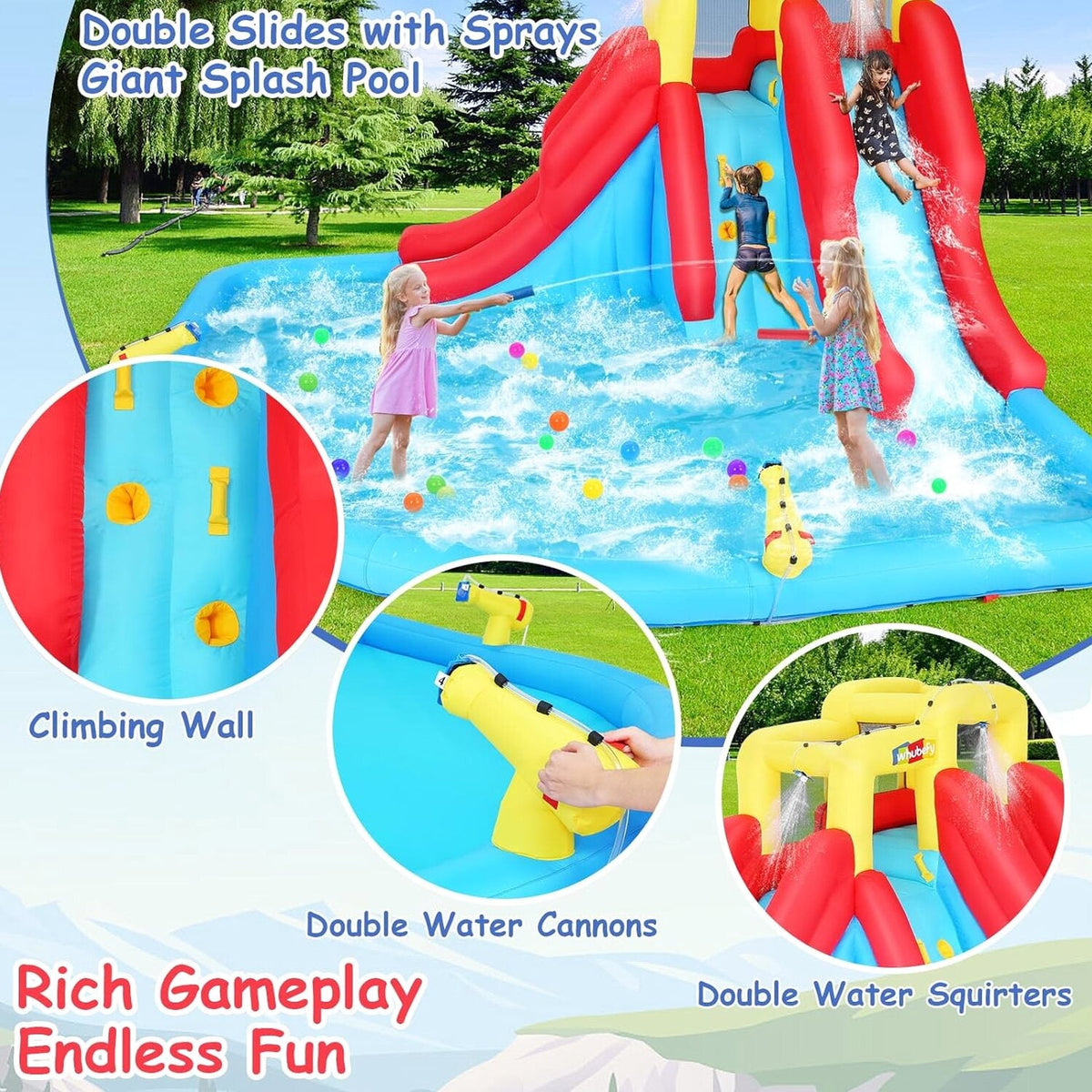 Inflatable Water Slides for Kids 8-in-1 Bounce House Water Park with 450W Blower Climbing Wall, Splash Pool, 2 Water Cannons, Basketball Hoop, Water Slide, Crocodile Sprinkler for Gift Backyard Party