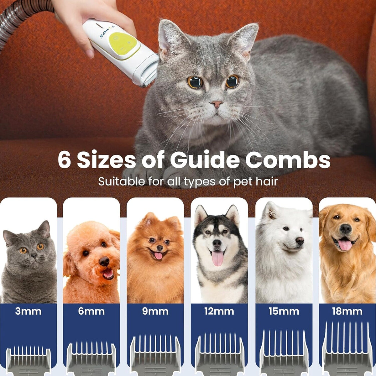 Professional Pet Grooming Vacuum Kit, Dogs &amp; Cats, Direct Handheld Control, 7 Grooming Tools, 6 Suction Levels, Large 2.2L Dust Bin, UL, HEPA Filter
