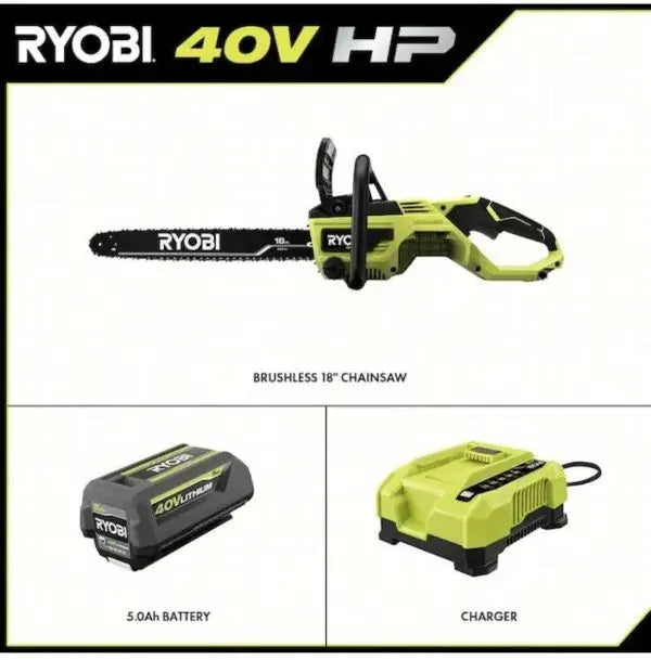 RYOBI 40V 18-Inch Cordless Chainsaw Kit With Battery And Charger - Green