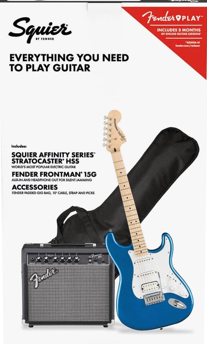 Squier by Fender Affinity Series Stratocaster Pack, HSS, Maple Fingerboard, Lake Placid Blue