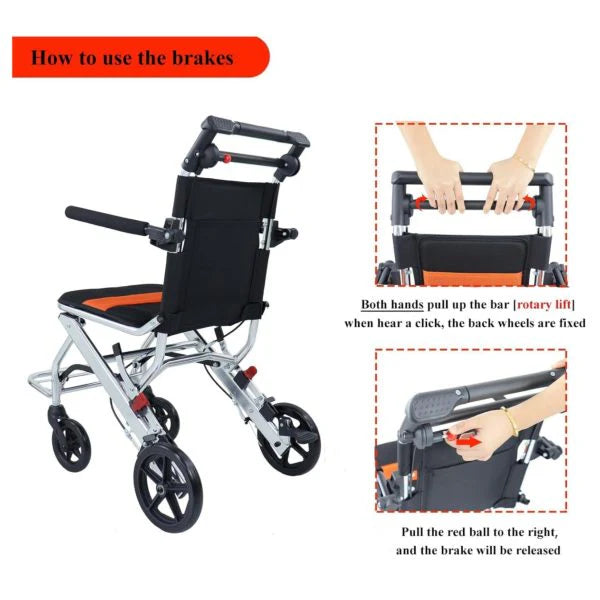 Ultra-Light Portable Folding Transport Wheelchair With Handbrake, 16.5 lbs, 220 lbs Capacity, 34.2 x 32.6 Unfolded Dimensions