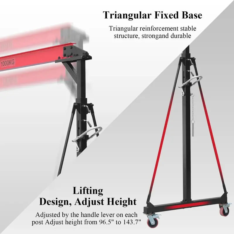 GARVEE Adjustable 1-Ton Portable Gantry Crane, 2200-Lb Capacity, 96.5-143.7 In Height
