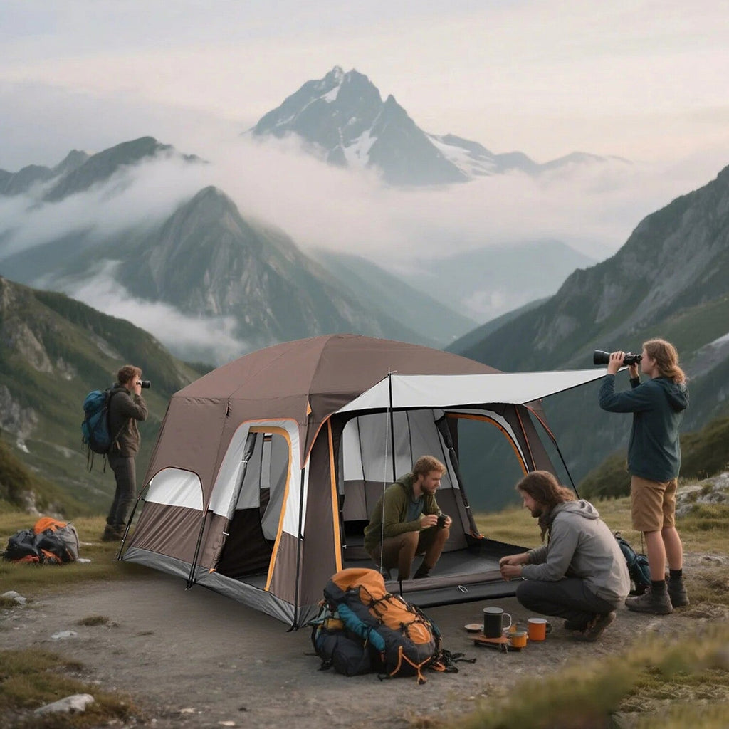 KFeng 12 Person Tents for Camping - 2Rooms 3Doors&amp;3Windows Mesh,Suitable for Outdoor/Picnic,Brown