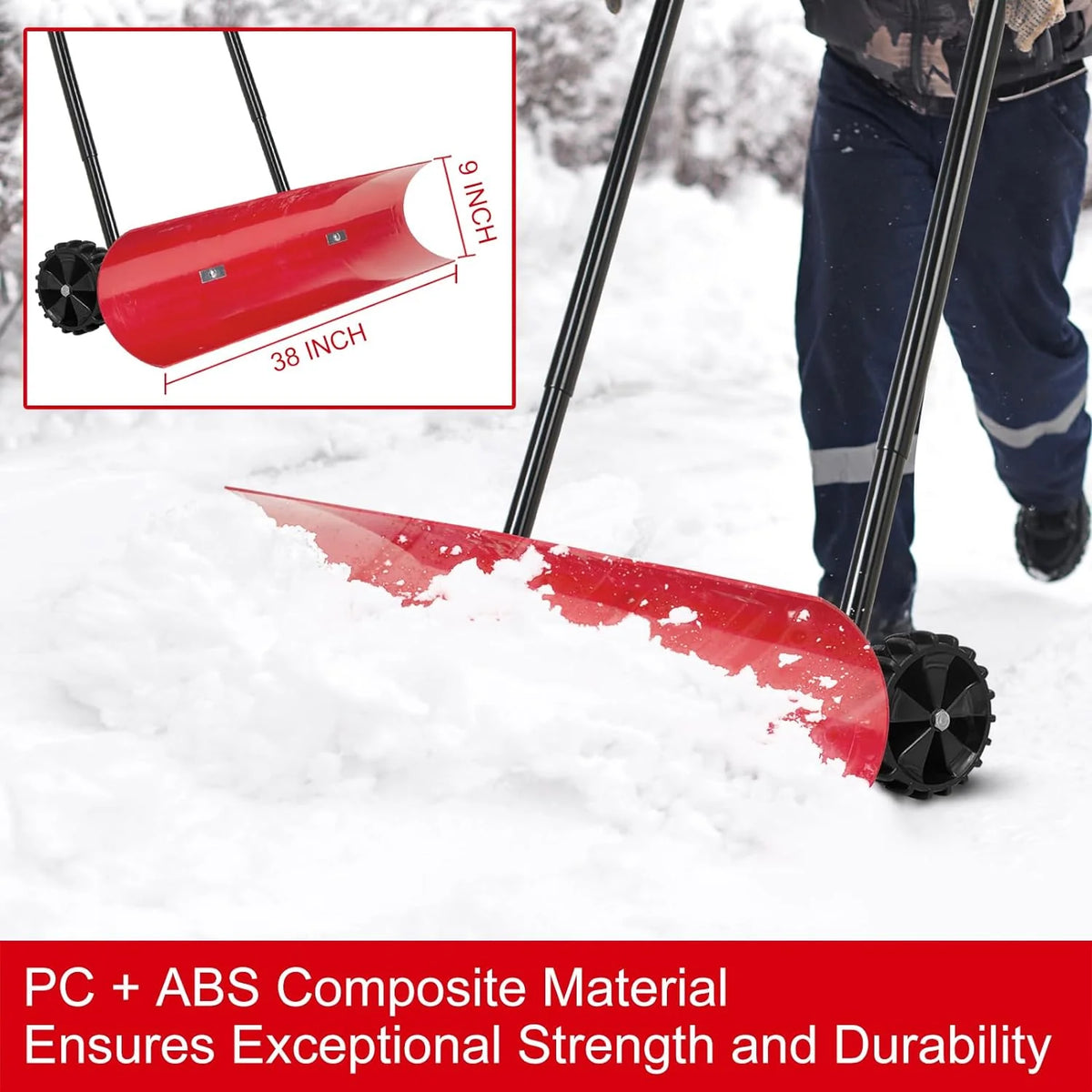 Brewin SnowPro 38 Inch Bi-Directional Wheeled Snow Pusher, Red - H955N