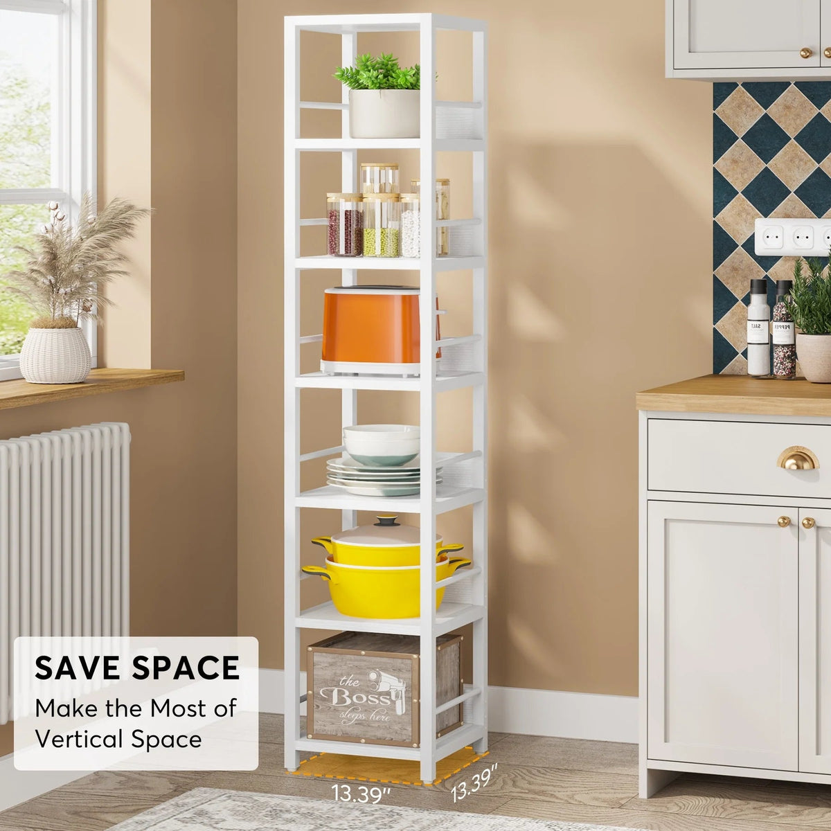 75 Inch Tall Narrow Corner Shelf, 6-Tier Etagere Storage Rack, 13.4 Inch W x 13.3 Inch D x 74.8 Inch H