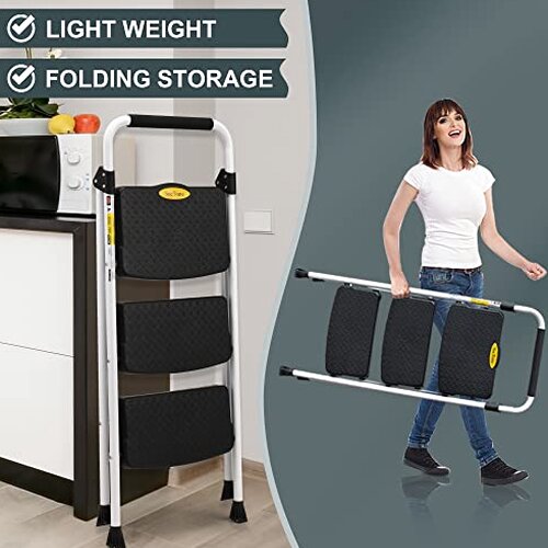 SocTone 3 Step Ladder, Folding Step Stool for Adults with Handle, Lightweight