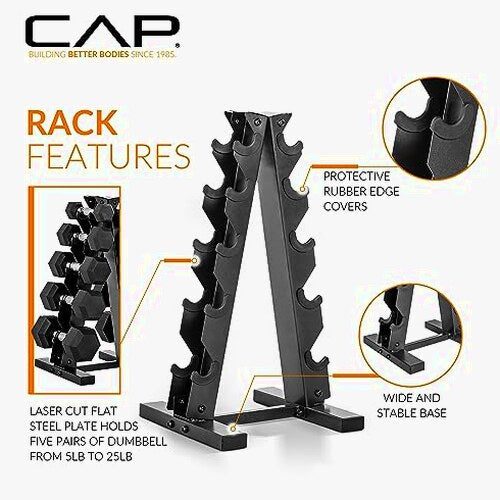 CAP Barbell 150 LB Coated Hex Dumbbell Weight Set with Vertical Rack, Black